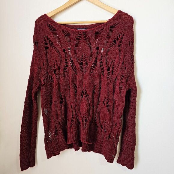 EUC AMERICAN EAGLE OUTFITTERS DEEP RED CROCHET BOATNECK SWEATER TOP SIZE LARGE - Picture 1 of 14